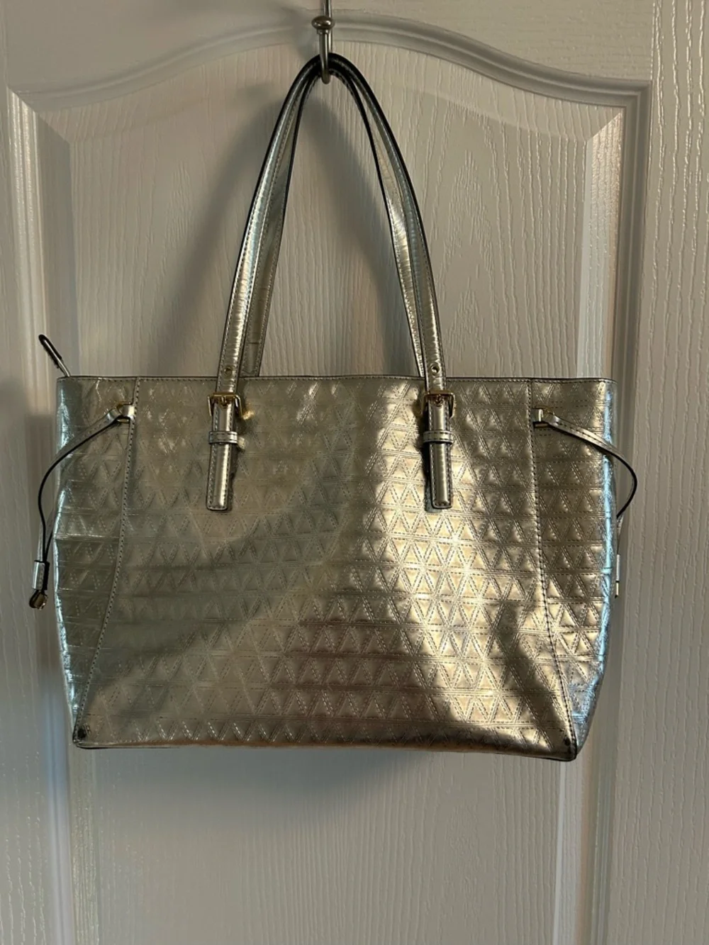 Michael Kors Metallic Silver Quilted Tote with MK Charm - Picture 6 of 15